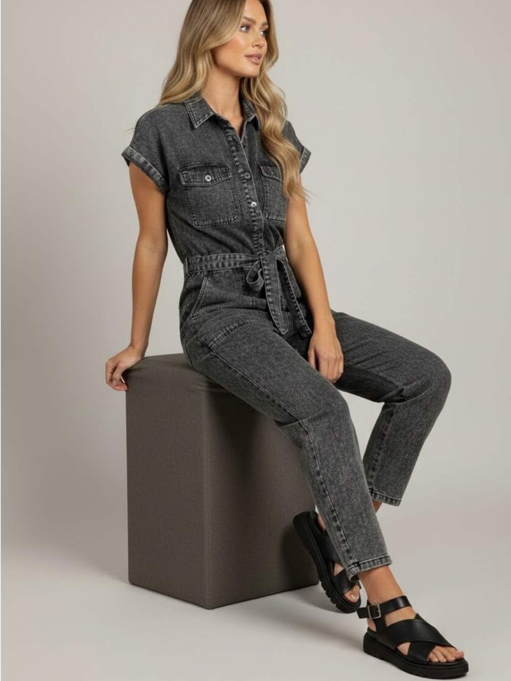 Given Kale Acid Wash 100% Cotton Button Utility Belted Straight Leg Jumpsuit M